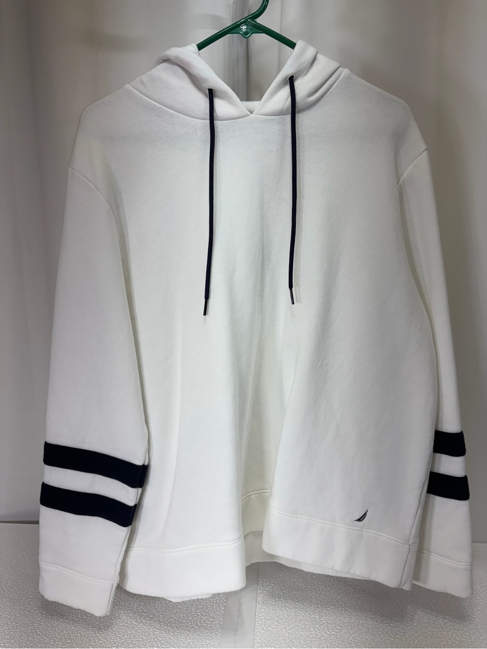 Nautica White Crewneck Hoodie with Navy Sleeve Stripes 4012